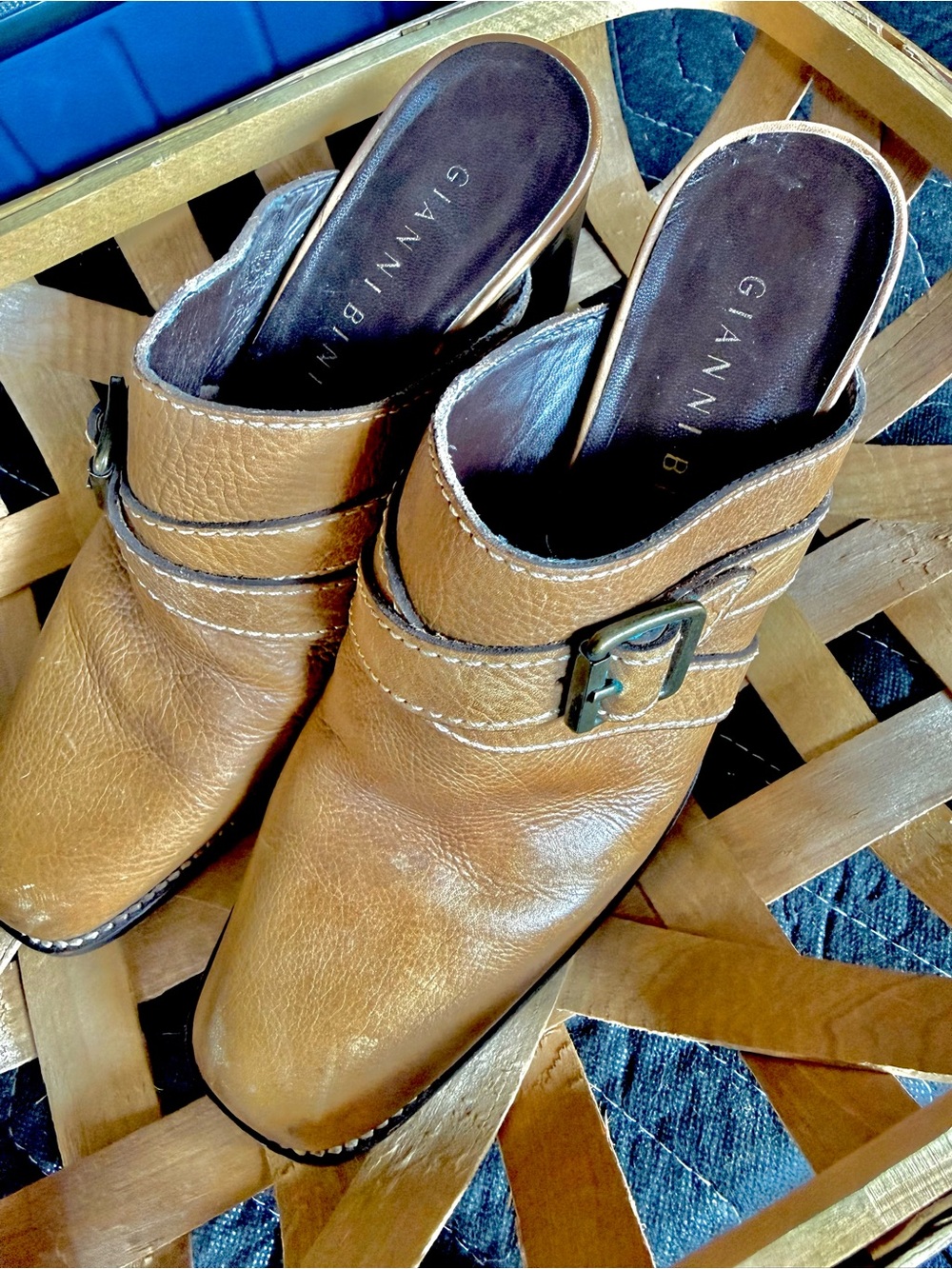 Gianni Bini Cognac Leather Mules with Buckle Accent